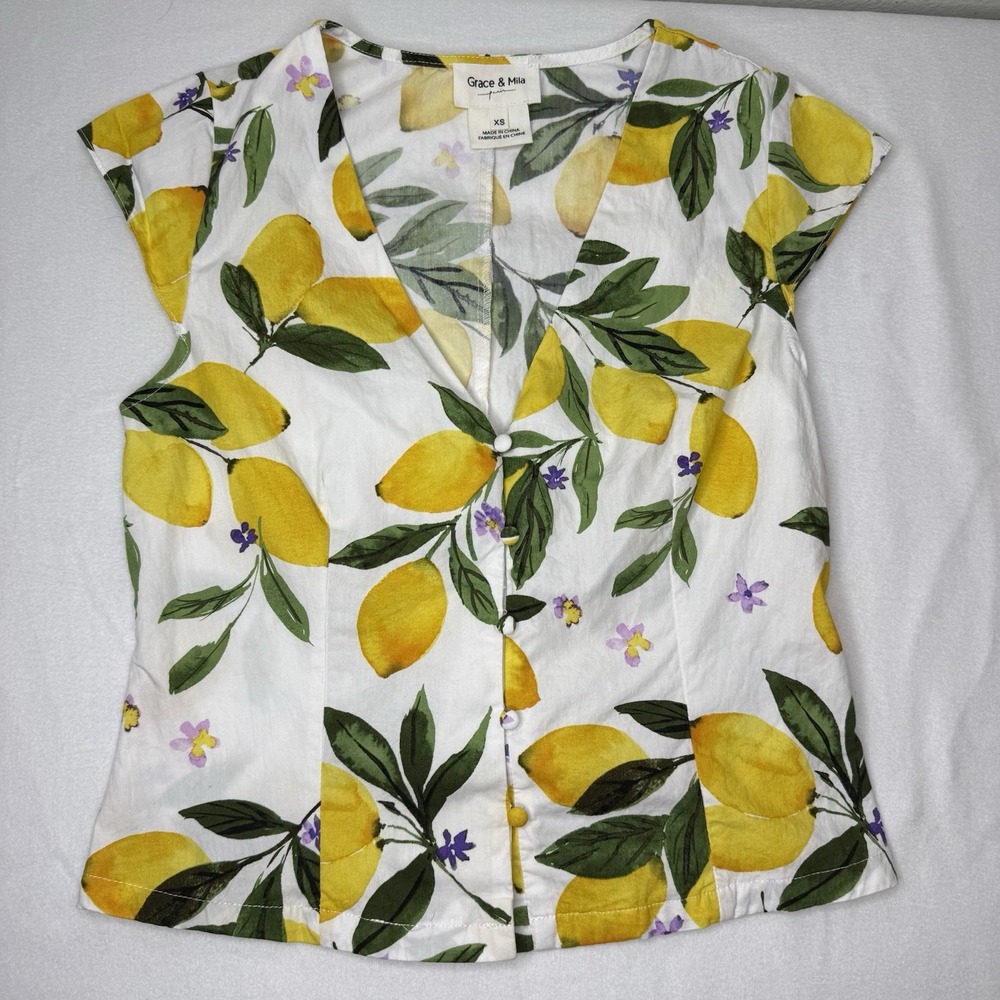 Grace And Mila Remy Blouse Ecru Lemon Print V-neck Top Women's‎ XS Button Up Top
